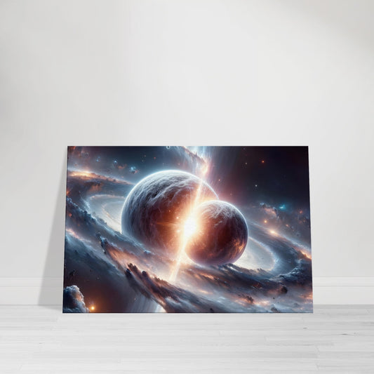 Massive planetary or stellar collision with glowing colors, distant galaxies, and swirling nebulae in deep space.