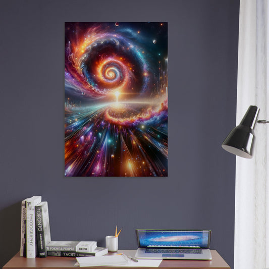 Metal poster of a vibrant spiral galaxy with rich, radiant colors and shimmering cosmic detail.