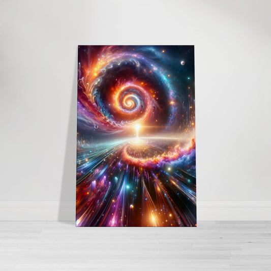 Premium canvas artwork of a vivid spiral galaxy with rich, radiant colors and detailed cosmic textures.