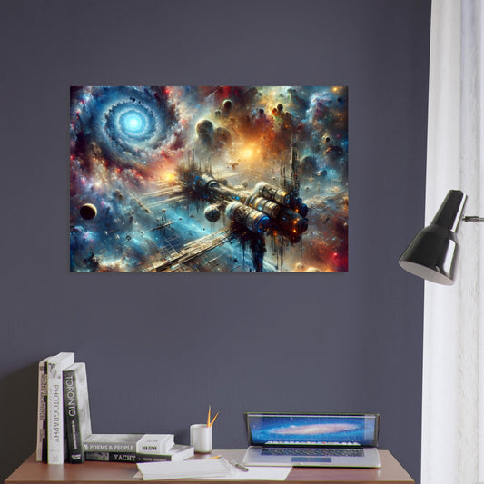 Metal poster depicting a futuristic spaceship navigating through colorful star systems, galaxies, and cosmic phenomena in a dynamic space scene.