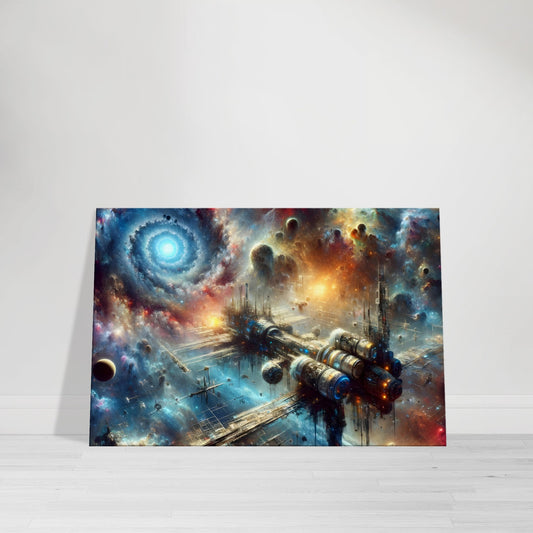 Futuristic spaceship exploring space with colorful galaxies, stars, and cosmic phenomena – interstellar journey canvas artwork.