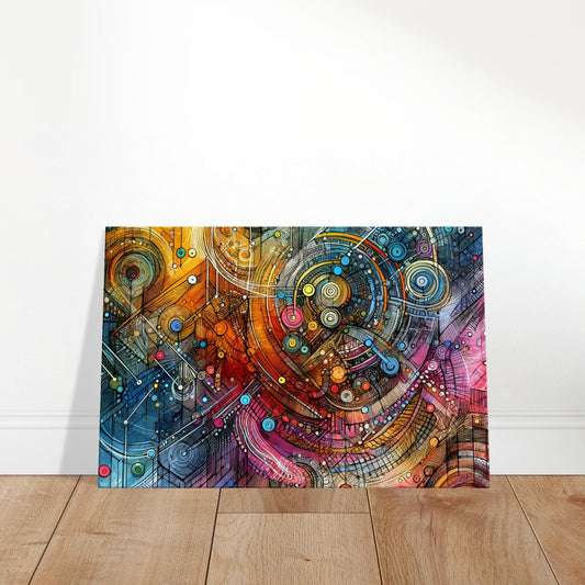Abstract artwork of interwoven colourful lines forming a complex rainbow-like pattern.
