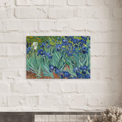 Canvas art reproduction of Van Gogh’s Irises, showcasing vibrant purple flowers with rich texture and color in a classic floral composition.