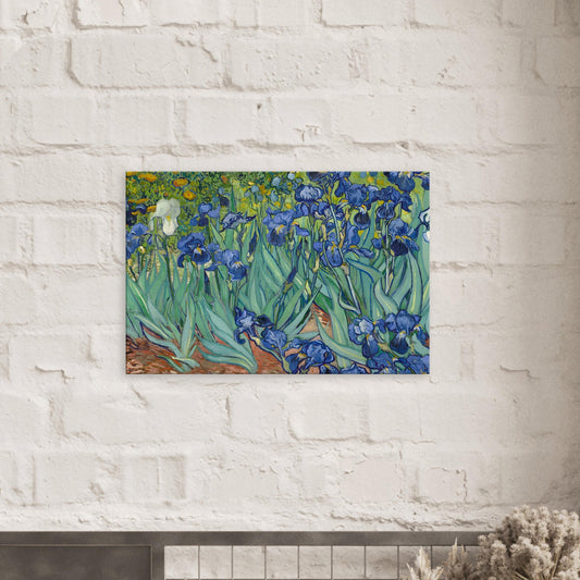 Canvas art reproduction of Van Gogh’s Irises, showcasing vibrant purple flowers with rich texture and color in a classic floral composition.