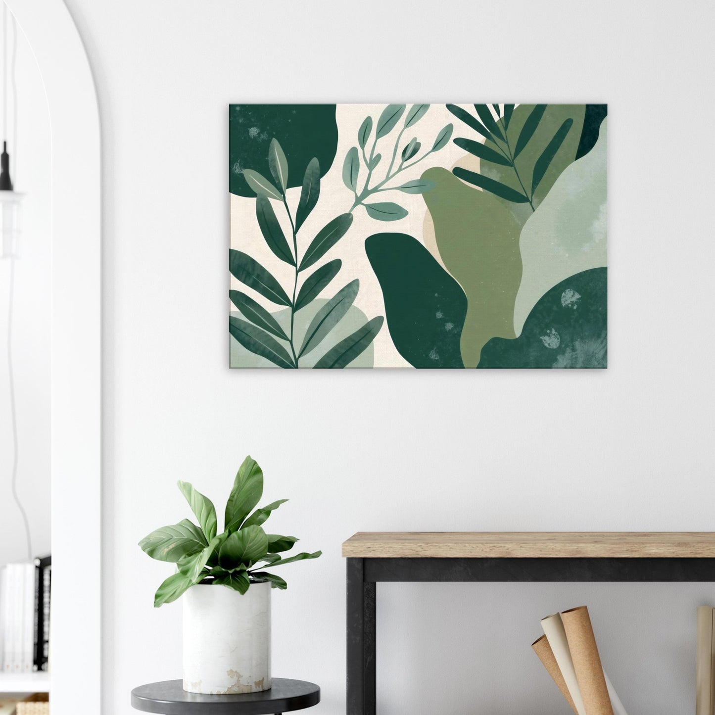 Landscape canvas wall art showcasing Palm-like jade botanical silhouettes layered over soft green and neutral gradients.