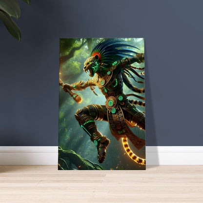 An Aztec Jaguar Warrior in glowing green and orange fur armor leaps with a macahuitl club through a dark jungle.