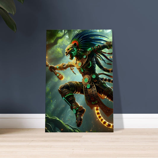 An Aztec Jaguar Warrior in glowing green and orange fur armor leaps with a macahuitl club through a dark jungle.
