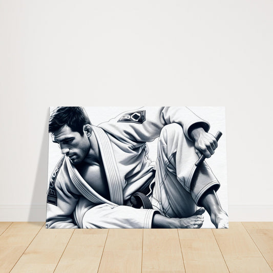 Pencil sketch of a Brazilian Jiu-Jitsu practitioner in a grappling position, showing technique, strength, and focus.