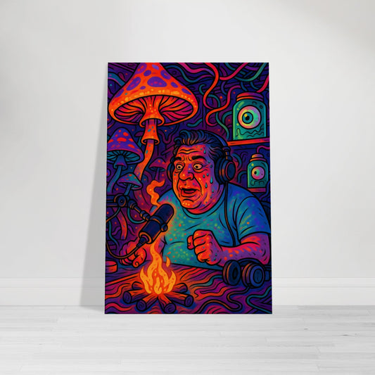 Cartoon of Joey Diaz in a surreal podcast studio filled with glowing mushrooms, floating eyeballs, and twisted wires, holding a glowing mic.