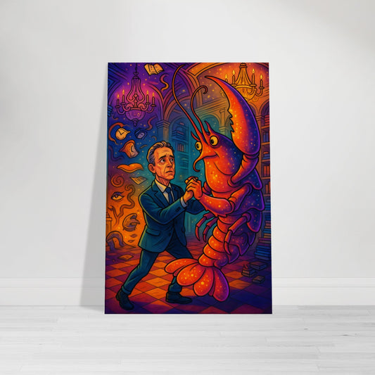 Cartoon of Jordan Peterson dancing with a cosmic lobster in a surreal ballroom divided between swirling chaos and perfect symmetry.