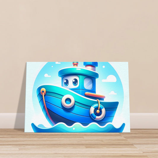 Cartoon-style blue boat with large eyes, steering wheel, and anchor on a sea blue to white gradient background.