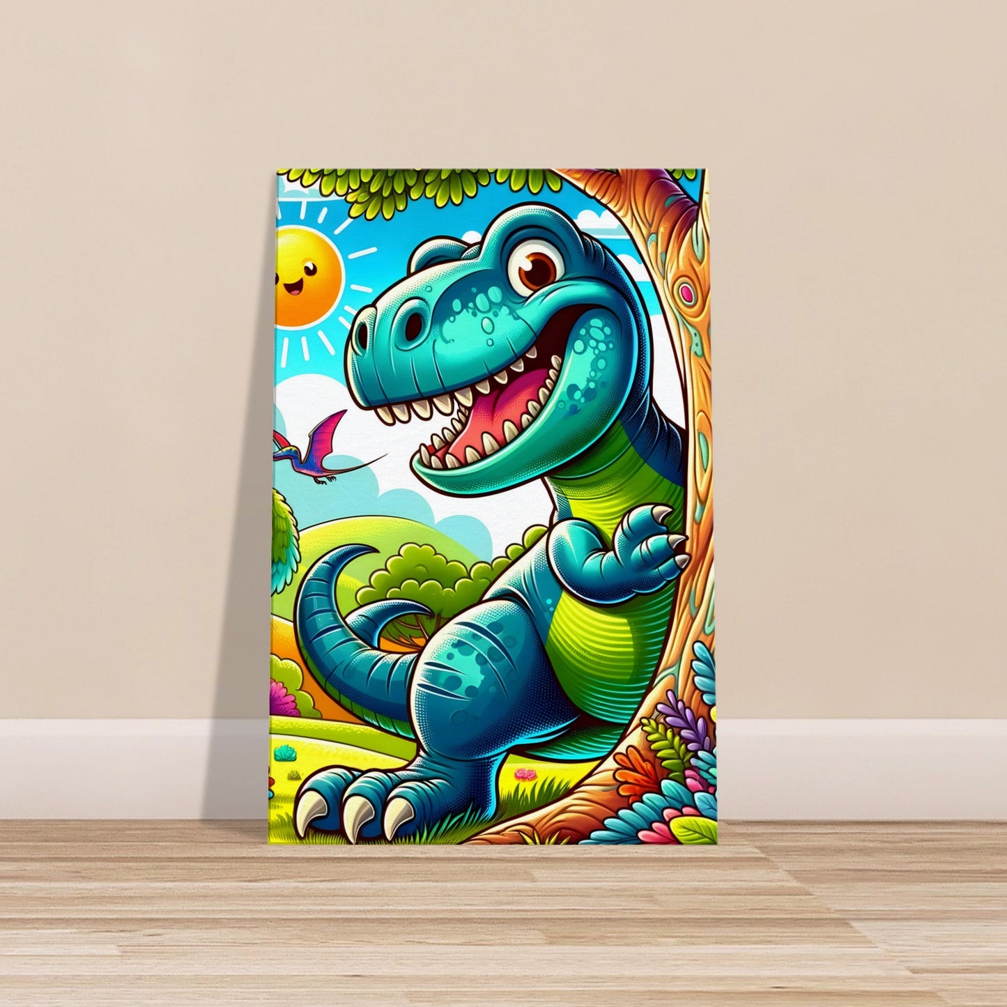 Cartoon-style joyful Tyrannosaurus Rex playing peek-a-boo behind a tree in a colorful landscape with vibrant vegetation.