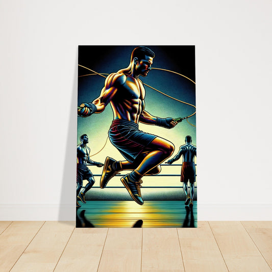 A boxer jumps rope mid-air in a gym, highlighted by dramatic lighting and reflected floor, showing focus and motion.