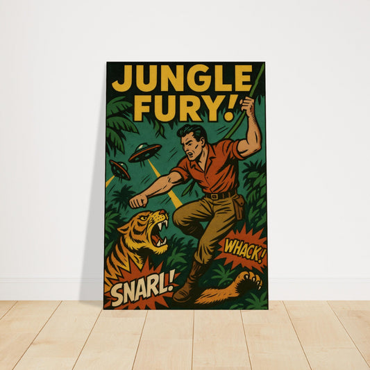 Vintage comic book art of an explorer fighting a tiger in the jungle with SNARL and WHACK comic text bursts.