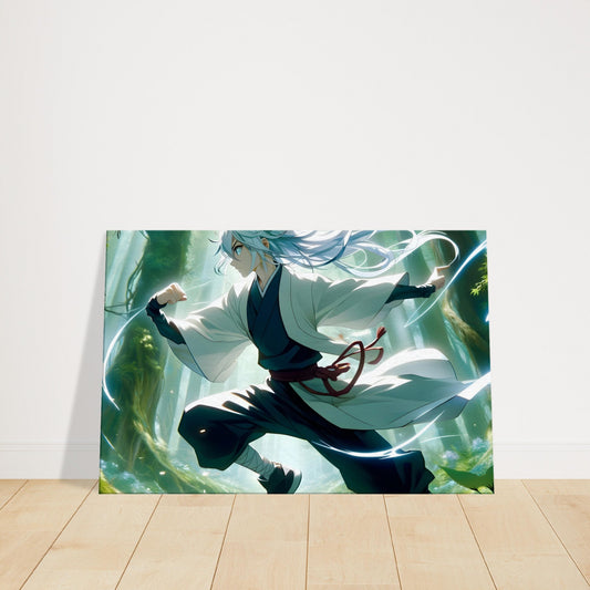 Anime character Kaito dueling in a magical forest, surrounded by glowing trees and vibrant motion effects.