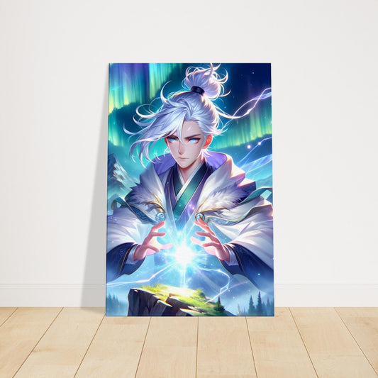 Anime character Kaito atop a mountain, summoning cosmic energy beneath a vivid Aurora Borealis sky.