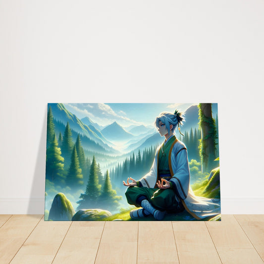Kaito meditating in a peaceful natural landscape, surrounded by forest or mountains.