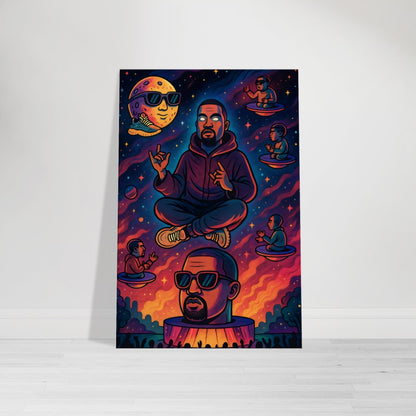 Cartoon of Kanye West levitating cross-legged above a glowing stage shaped like his head, with floating mini-Kanyes and a moon in Yeezys.