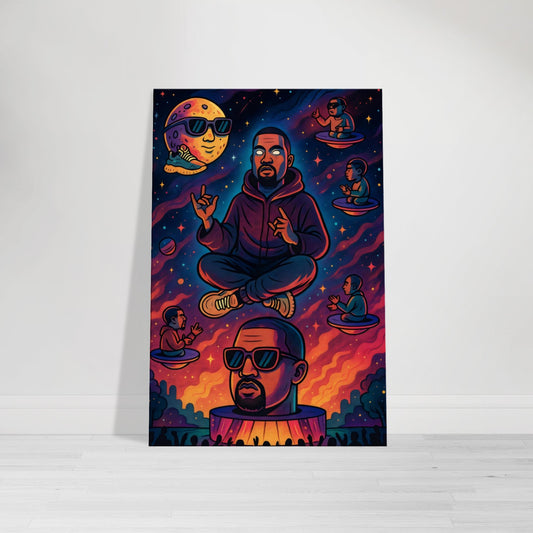 Cartoon of Kanye West levitating cross-legged above a glowing stage shaped like his head, with floating mini-Kanyes and a moon in Yeezys.