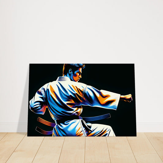 A martial artist in a crisp gi holds a traditional karate stance under dramatic lighting against a stark background.