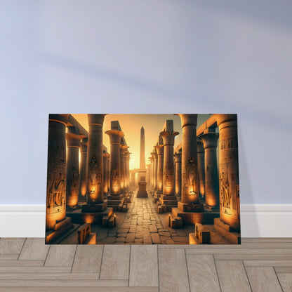 Karnak Temple complex illuminated by dawn light with carved columns, hieroglyphics, and long shadows in a golden hue.