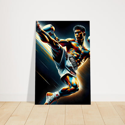 A kickboxer performs a high kick mid-air, with vibrant colors highlighting motion and muscular form.