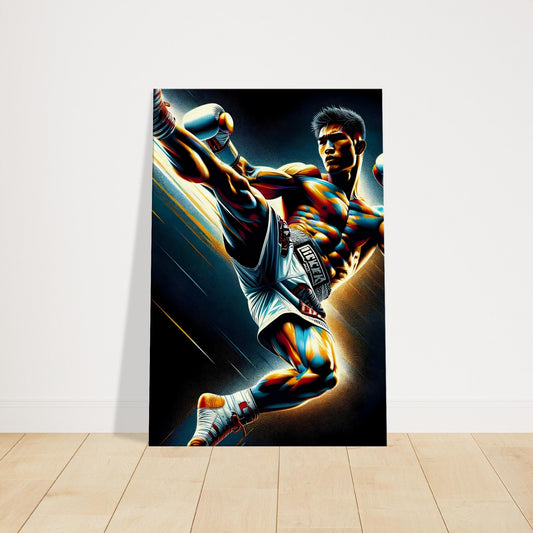 A kickboxer performs a high kick mid-air, with vibrant colors highlighting motion and muscular form.