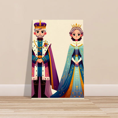 Cartoon-style King Wise in purple and gold robes and Queen Grace in blue and silver gown, standing side by side on a simple background.