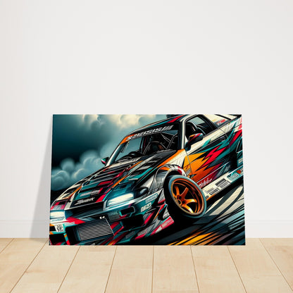 Drift car in mid-action with bold graphics and motion blur, emphasizing speed, smoke, and high-performance control.