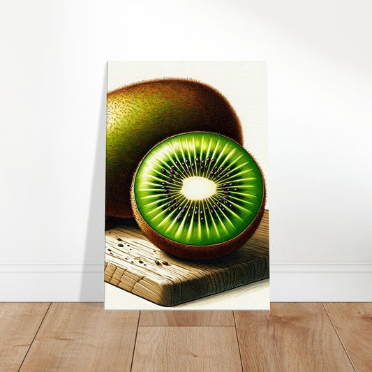 Canvas art depicting a halved kiwi fruit with vibrant green flesh and tiny seeds on a wooden cutting board.