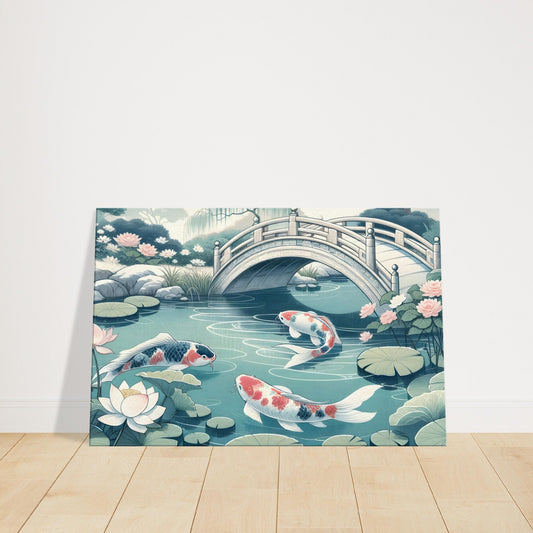 Koi fish swimming in a garden pond with lotus flowers and a curved bridge in a soft, natural color palette.
