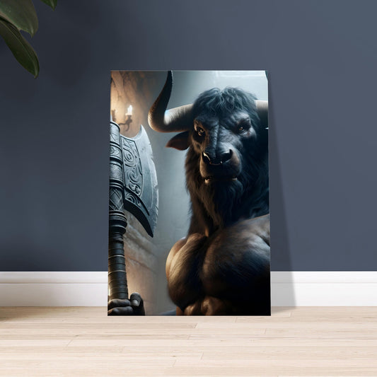 Artwork of a muscular Minotaur with a bull's head and ancient axe standing in a dark, stone-walled labyrinth.