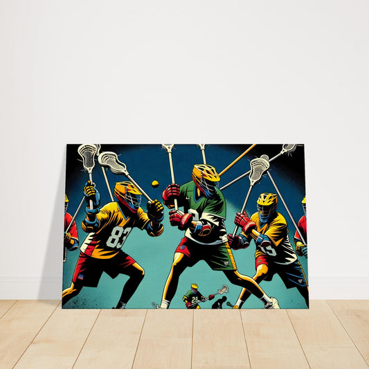 Canvas artwork of lacrosse players in action with vivid team colors and a ball in motion, emphasizing speed, agility, and teamwork.