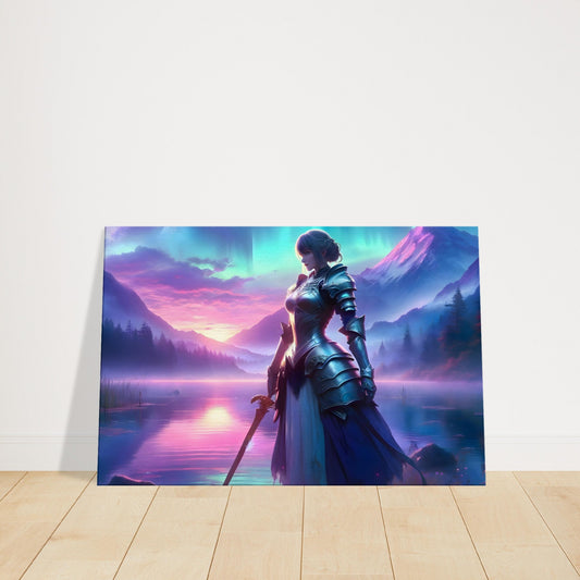 Anime-style female warrior standing by a lake at dusk, with celestial armor and a sky of purple, blue, and pink over mountains.