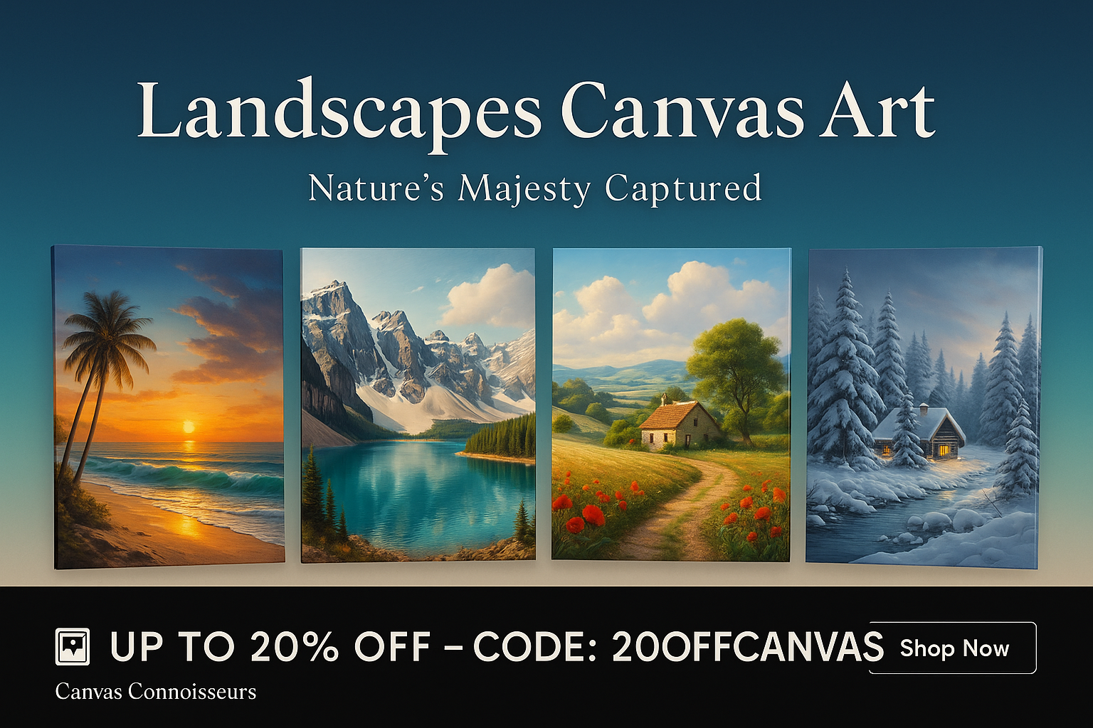 Promotional banner for the Landscapes Canvas Collection featuring scenic artworks of mountains, forests, and vibrant natural vistas, with centered white header and tagline, and a black footer bar displaying a 20% discount code and a 'Shop Now' button.