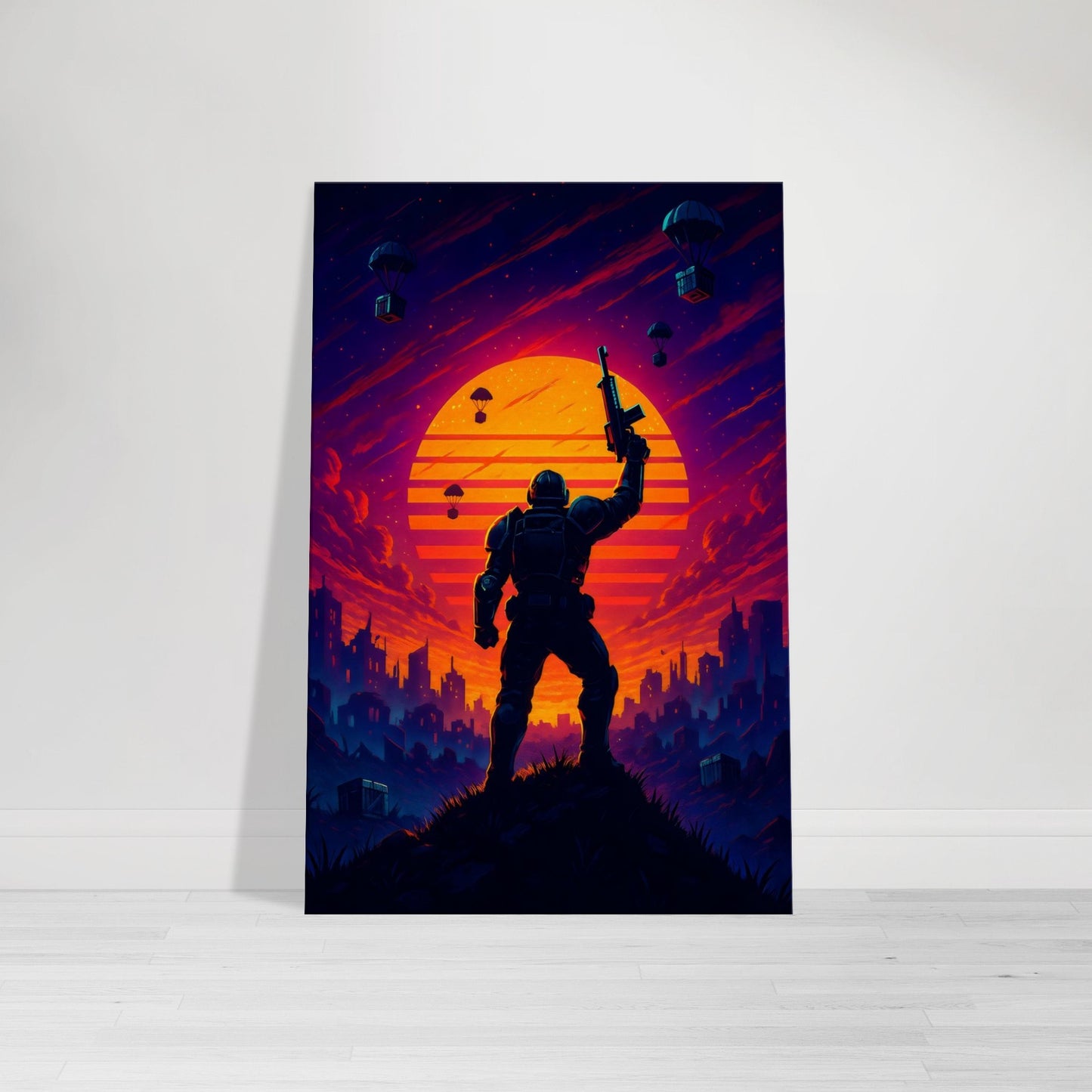 Futuristic armored warrior silhouetted against neon sunset with supply drops falling over ruined city.