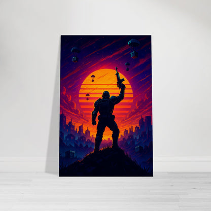 Futuristic armored warrior silhouetted against neon sunset with supply drops falling over ruined city.