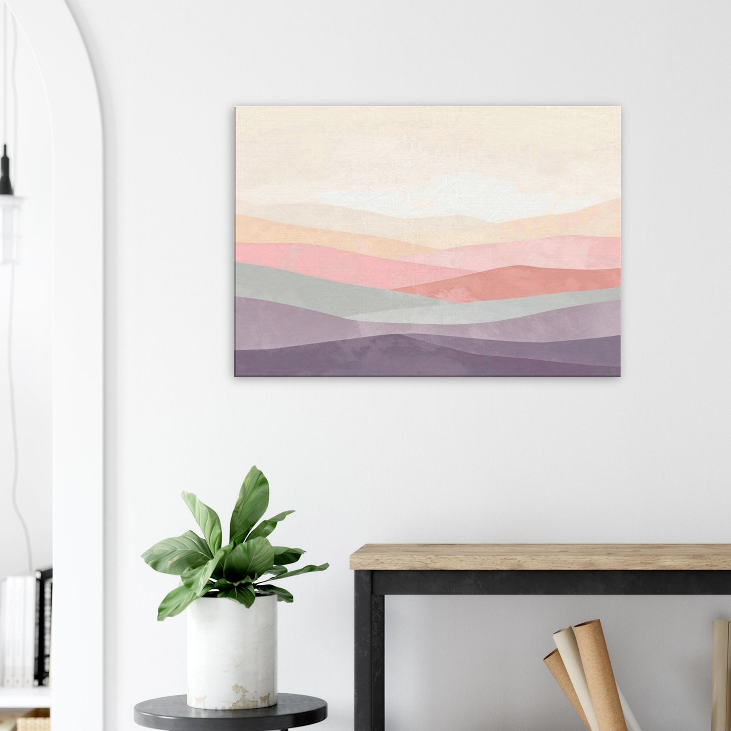Landscape canvas with horizontal soft lavender, cream, mint and blush layers evoking pastel serenity.
