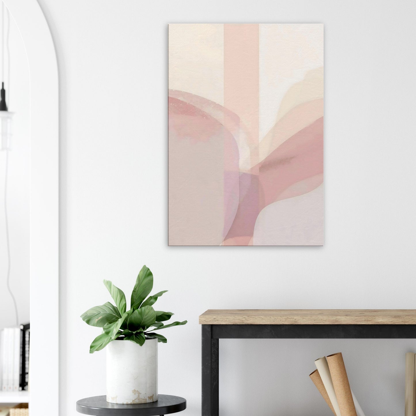 Portrait canvas with vertical soft lavender, cream, pale blush, and taupe layers evoking pastel calm.
