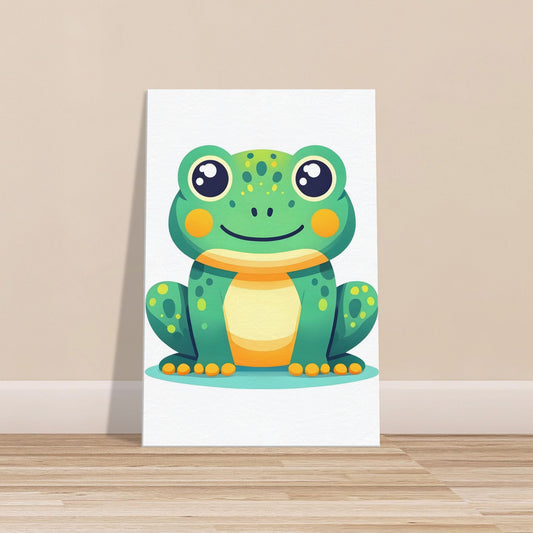 Canvas print of a cartoon frog leaping with bright colors on a playful background.