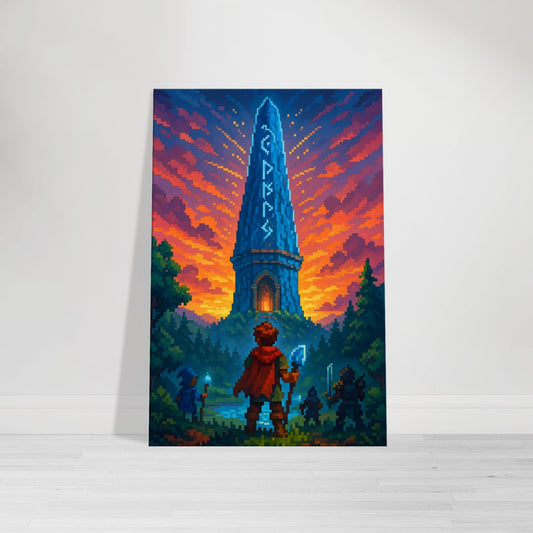 Pixel art fantasy spire glowing with runes, adventurers gathered at base, pixel forest and sunset sky.