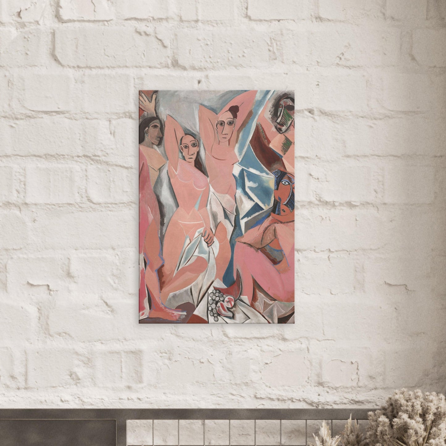 Canvas art reproduction of Picasso’s Les Demoiselles d’Avignon, featuring five abstract female figures in sharp, angular Cubist forms with bold and provocative composition.