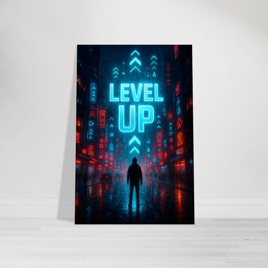 Neon wall art with glowing holographic arrows and text symbolizing gamer level up.