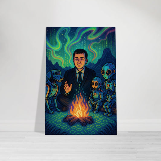 Cartoon of Lex Fridman sitting in a black suit at a digital campfire surrounded by robot dogs and AI children under a glowing aurora.