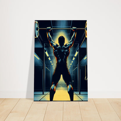 Overhead press pop art canvas with neon yellow highlights in dark gym setting