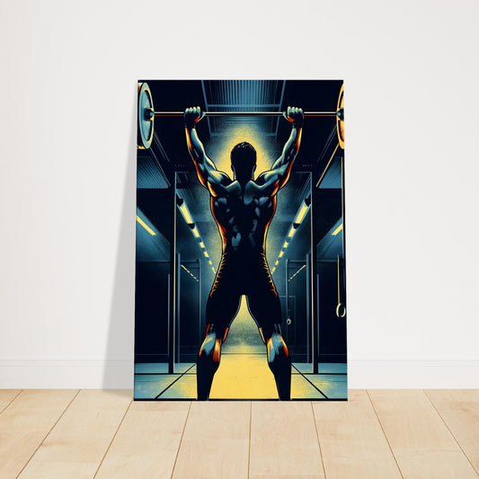 Overhead press pop art canvas with neon yellow highlights in dark gym setting