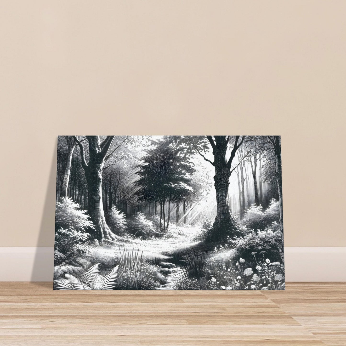 Monochrome sketch of sunlight streaming through dense forest trees with textured bark, leaves, and forest floor details.