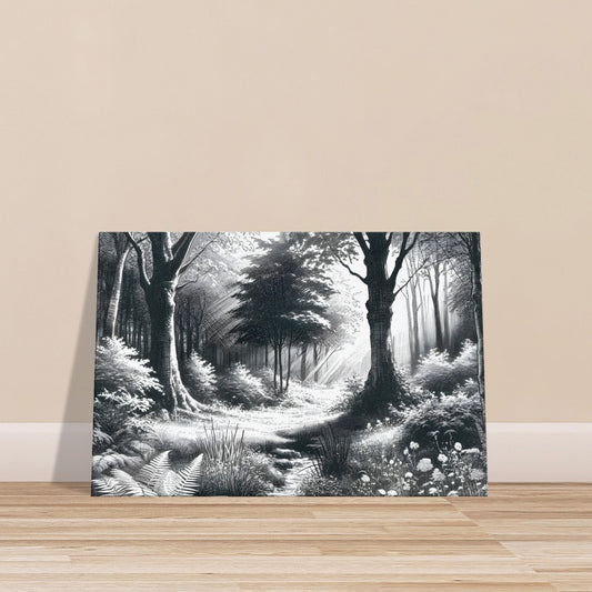 Monochrome sketch of sunlight streaming through dense forest trees with textured bark, leaves, and forest floor details.