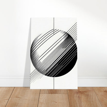 Black and white abstract art featuring a central sphere with radiating linear elements, creating depth, motion, and minimalist geometric balance.