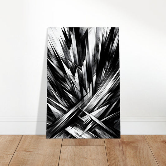 Black and white abstract artwork with intersecting, jagged lines forming a chaotic, geometric pattern that suggests motion and visual disruption.